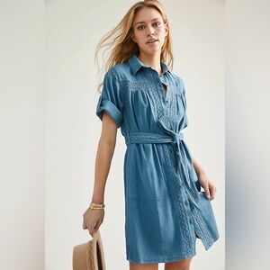 Anthropologie Blue ‘Rilke Lace Mini Shirtdress’ Midi Boho Button Up Dress L OBO
